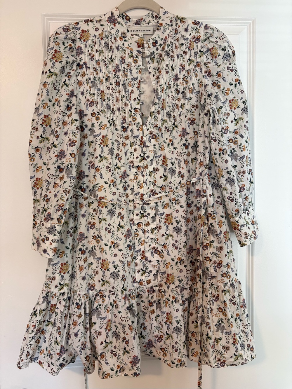 English Factory White Floral Pintuck Tie-Waist Dress